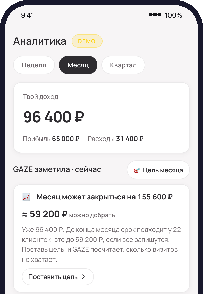GAZE на телефоне: аналитика мастера в рублях